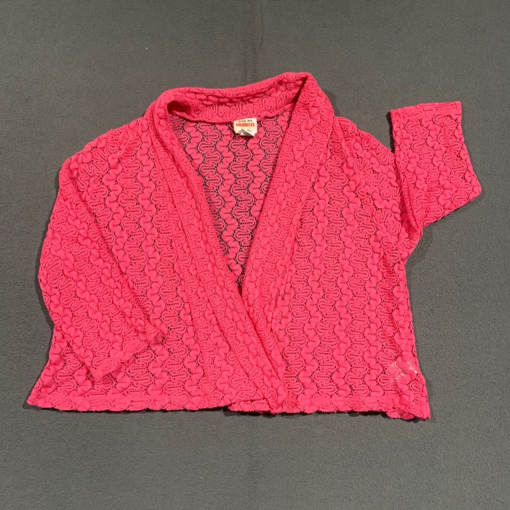 Ruby Rd Favorites Womens XL Hot Pink Crochet Lace Open Front Cardigan 3/4 Sleeve